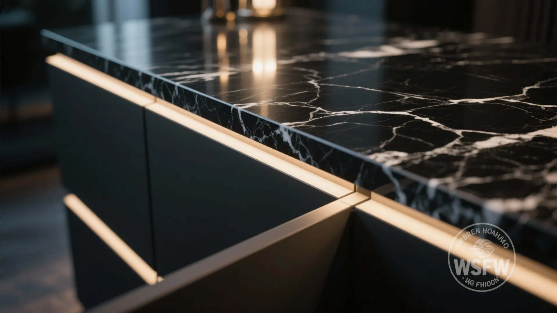 Close up of black marble countertop with white veins and warm led light strip decoration underneath