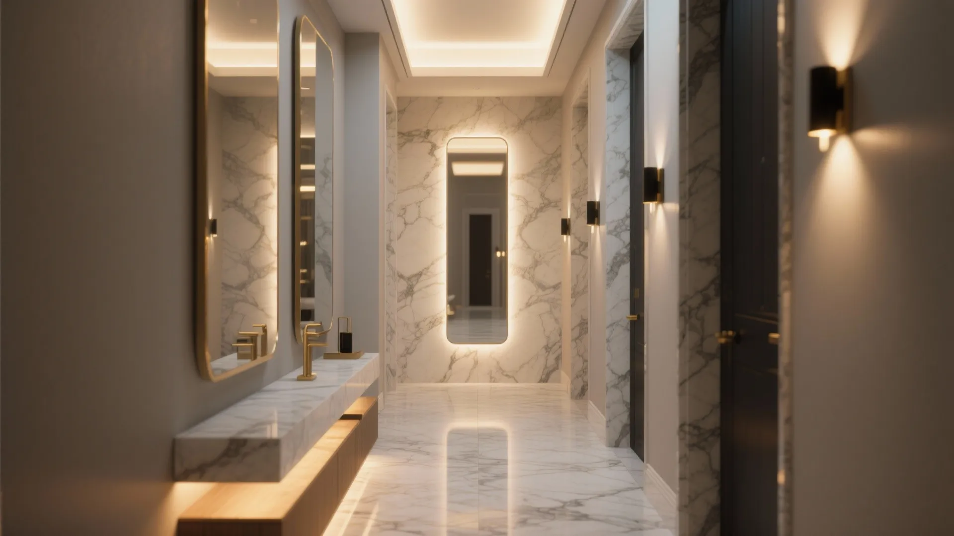 5) Soft lighting and mirrors to amplify marble