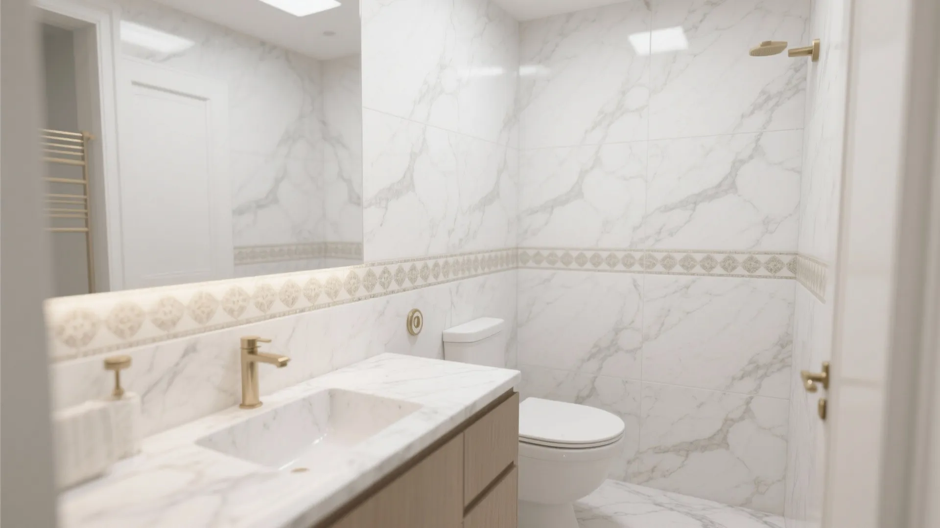 Small bathroom with marble tiles and matching marble listello strip