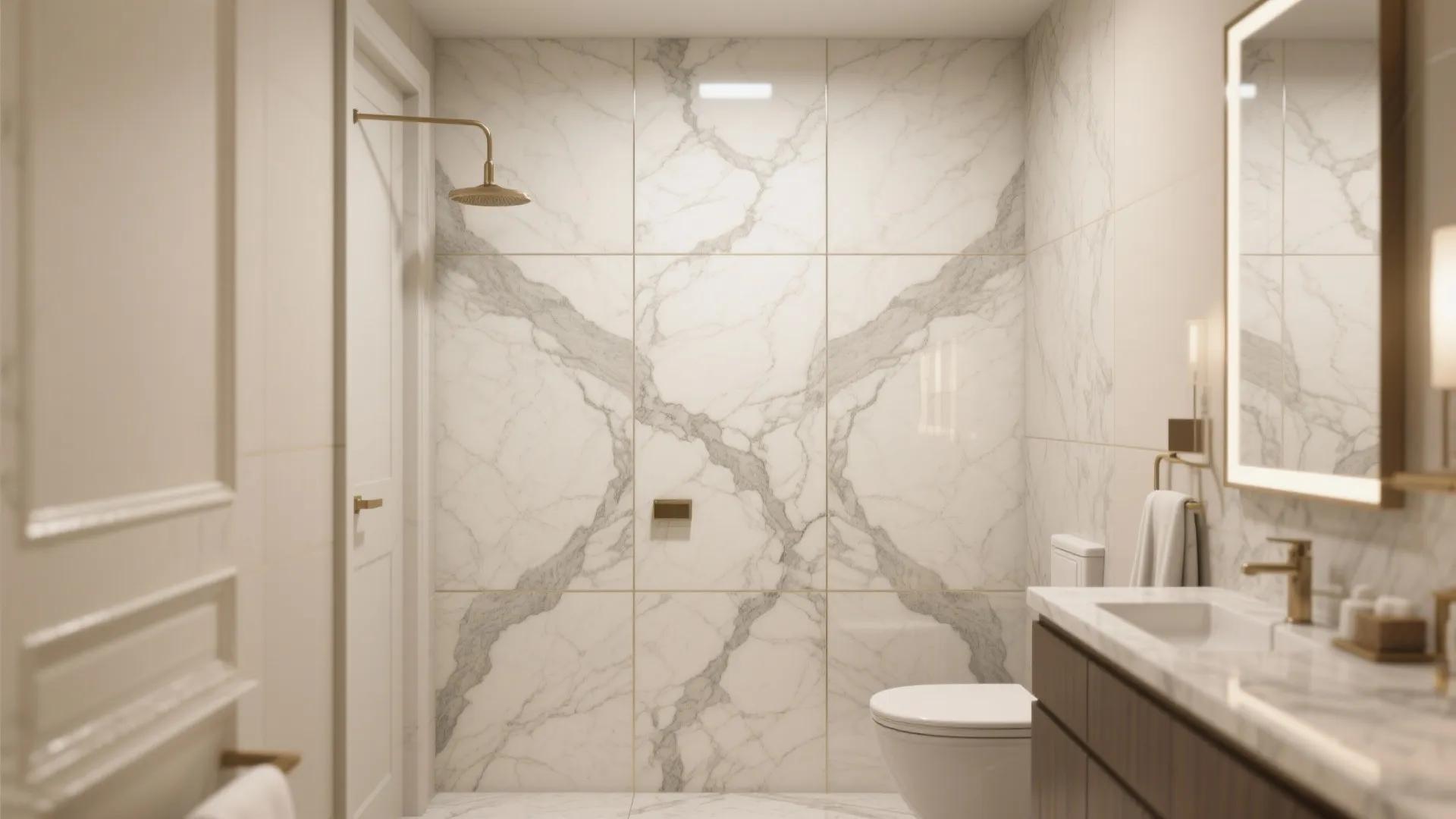 Compact ensuite with a book-matched marble-look porcelain focal wall and subtle grout contrast.