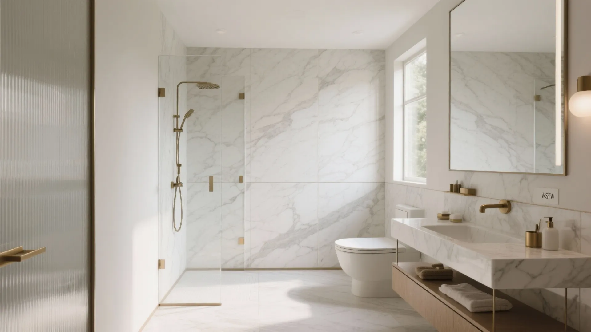 Modern white marble bathroom with glass shower door gold faucet vanity mirror toilet and natural light