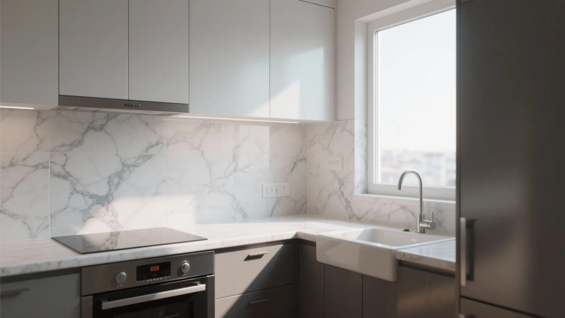 Modern kitchen with white marble wall tiles grey cabinets a white sink and natural light