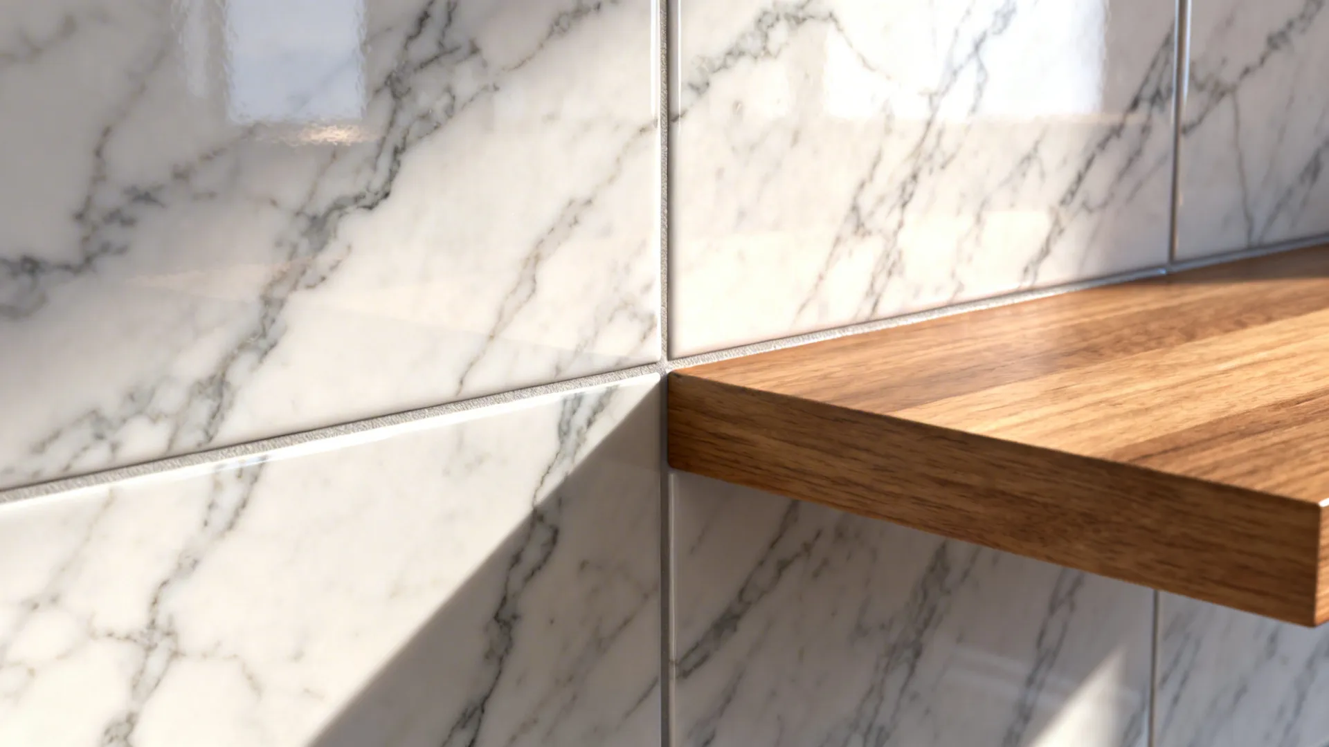 Macro view of Calacatta-style marble-look porcelain backsplash with oak shelf.