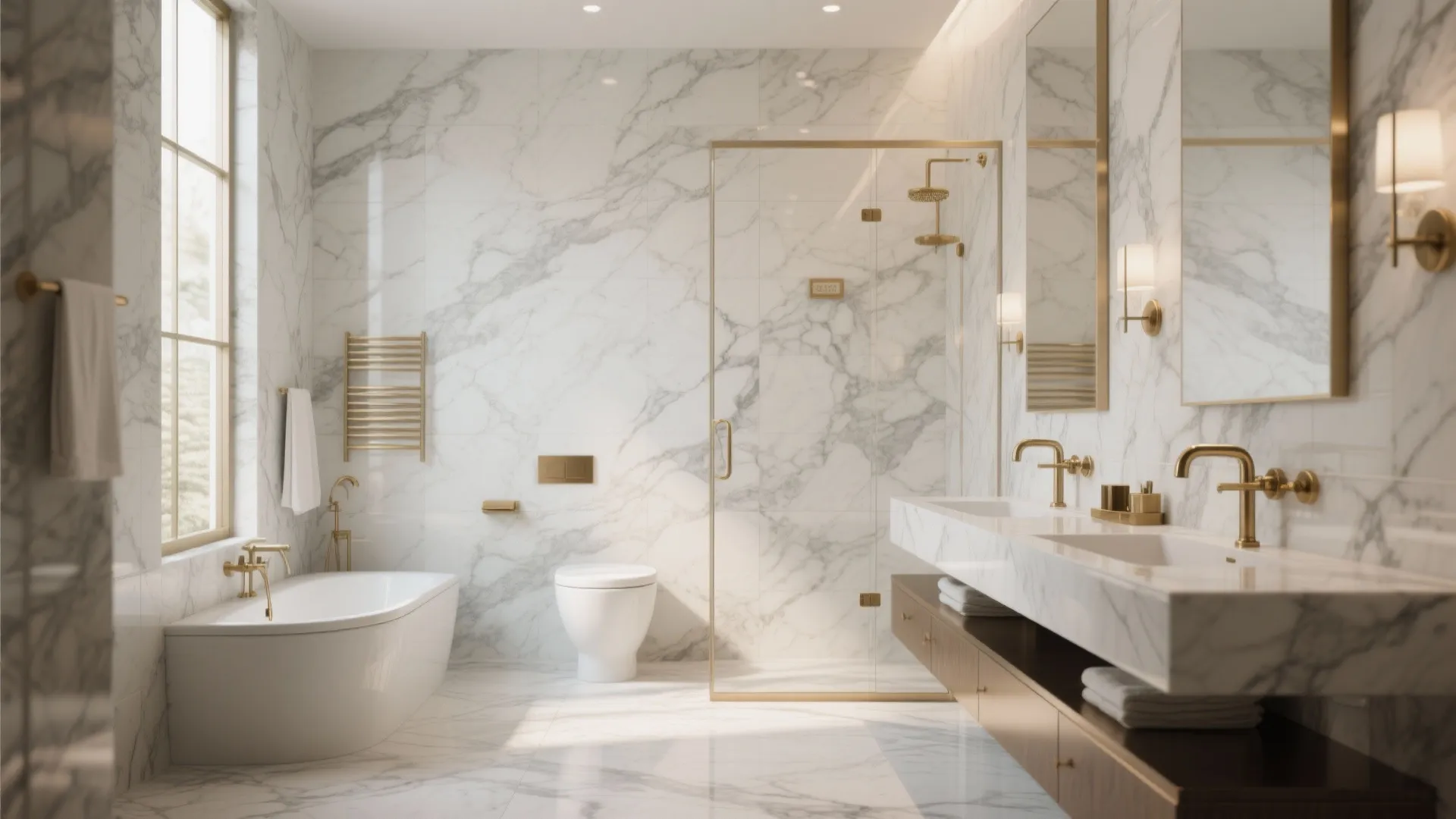 Luxury marble bathroom featuring a freestanding white bathtub gold faucets double vanity and glass shower