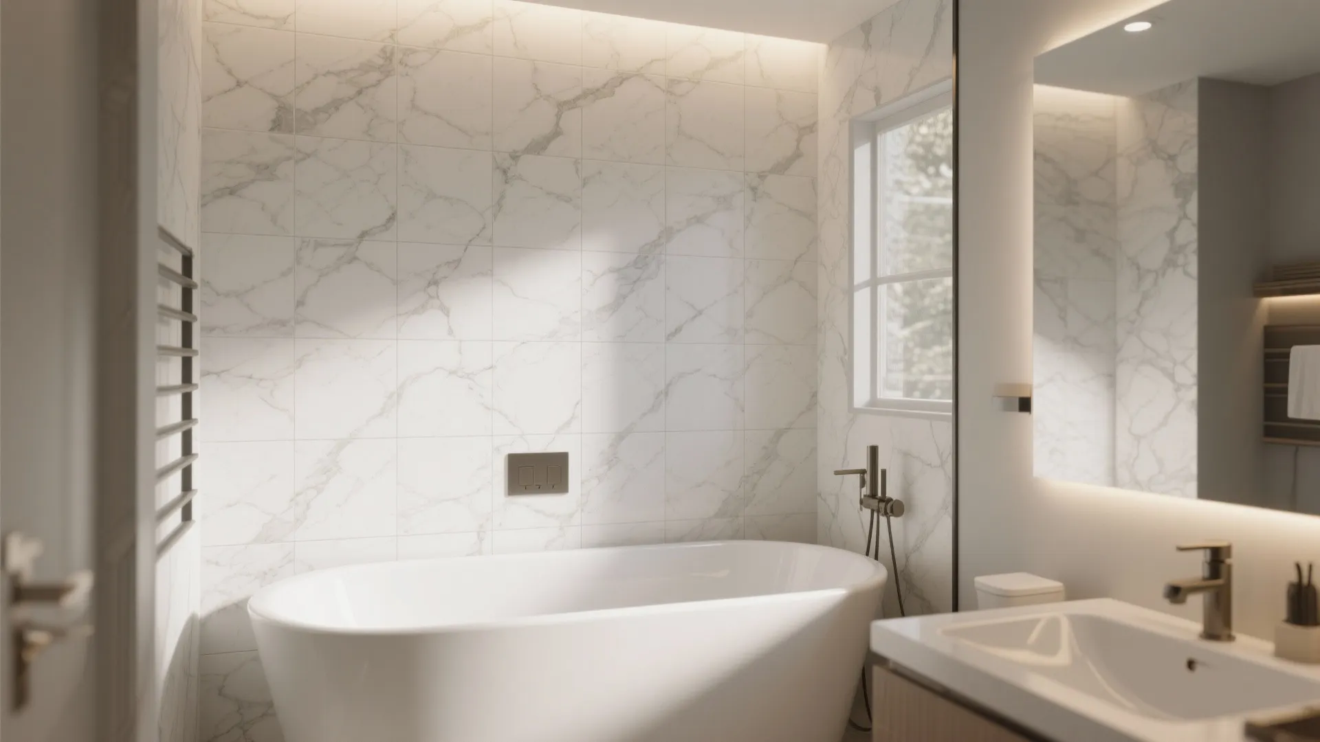 Modern bathroom with white oval bathtub marble wall tiles wash basin mirror and warm natural light
