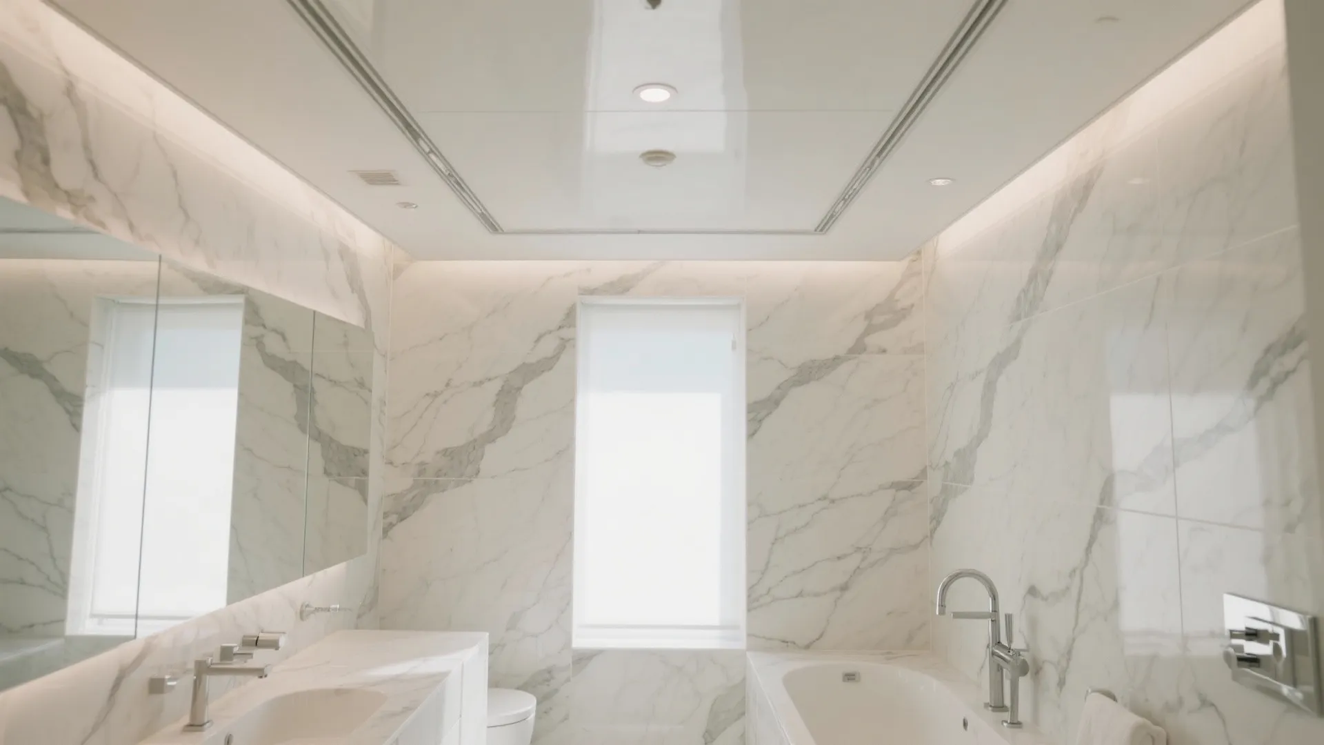 Luxury bathroom featuring marble walls white ceiling light fixtures bathtub large mirror and a bright window