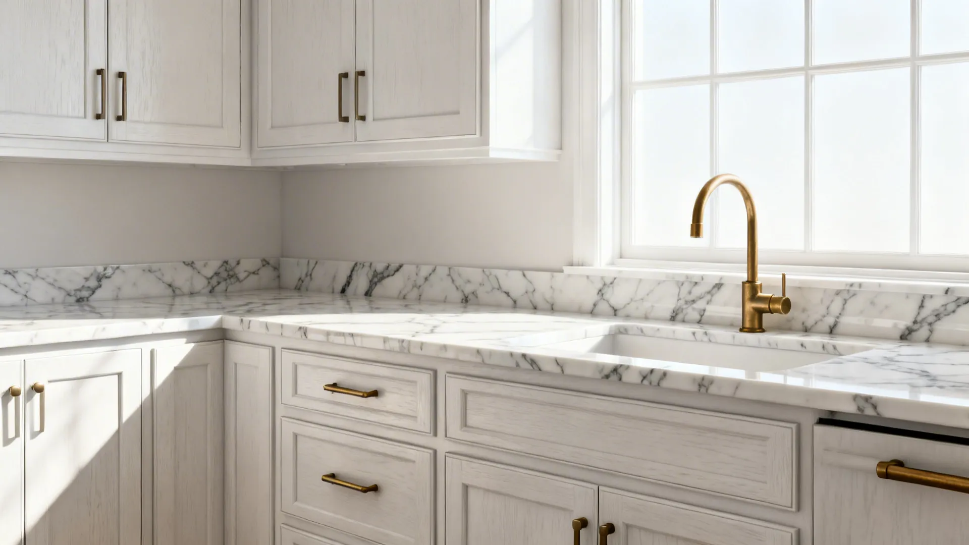 White kitchen with Carrara-style porcelain countertop showing elegant veining