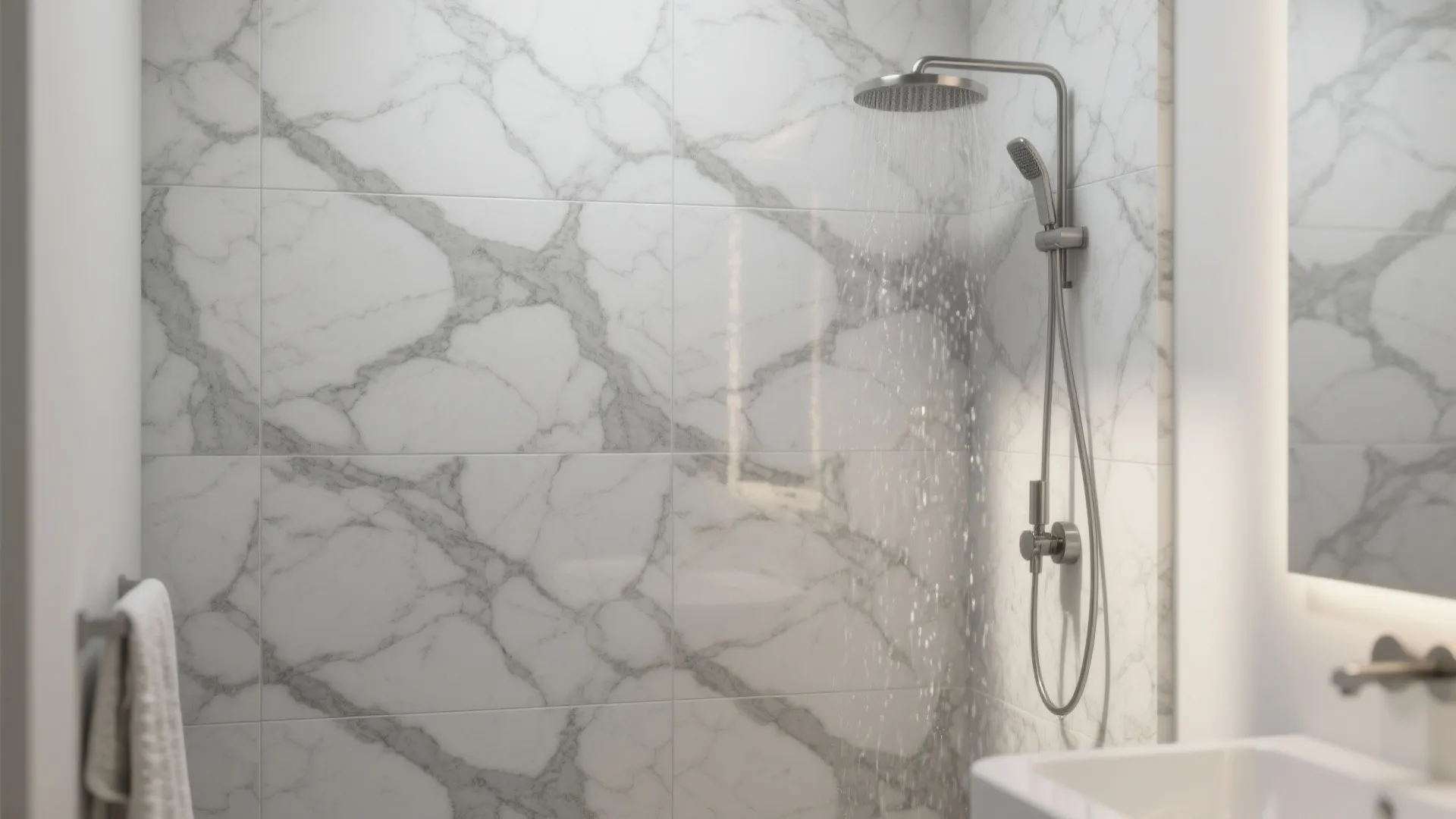 3. Marble-look grey veined tiles as a feature wall