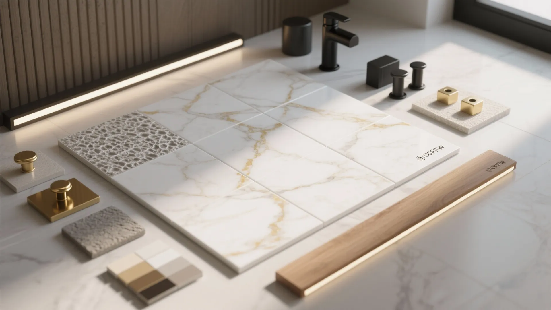 Material flatlay of white marble-effect tiles with warm gold veins and brushed gold hardware samples.