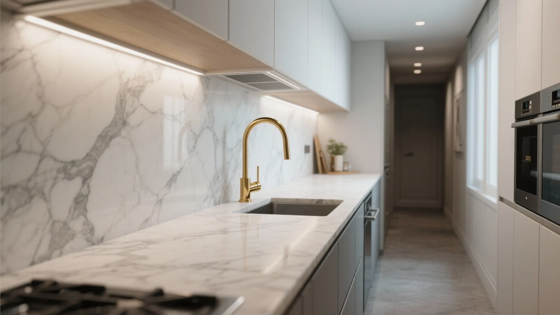 2. Marble-look countertops and statement gold faucet