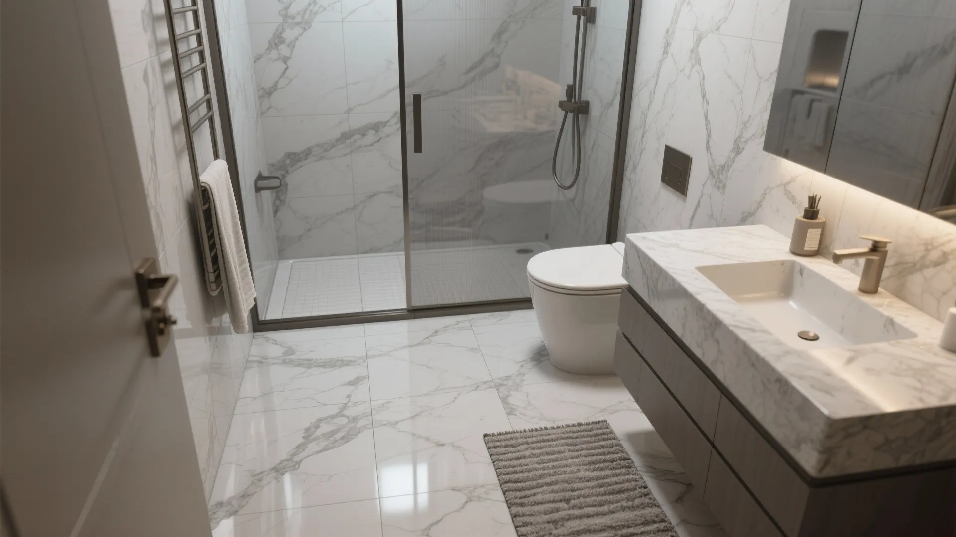 4. Polished grey marble-look porcelain