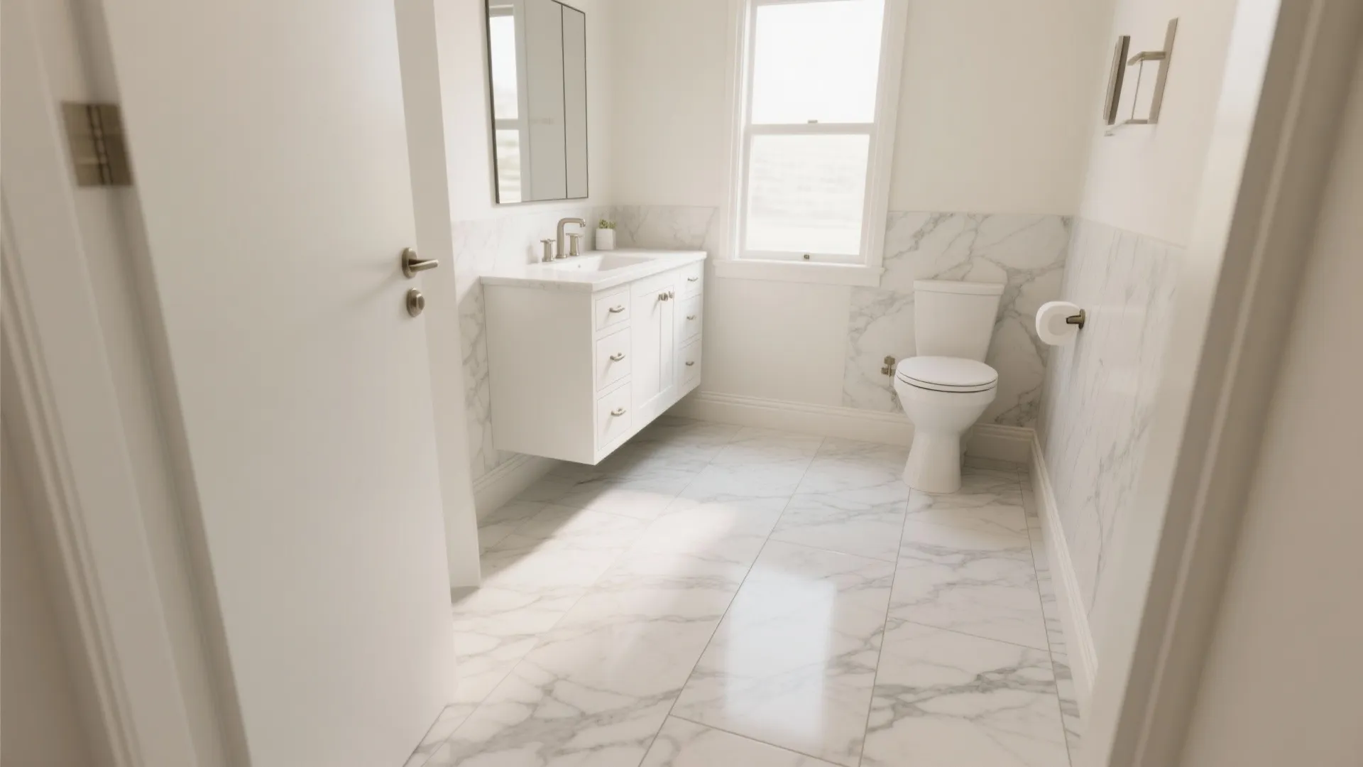 Compact bathroom with 12x24 marble-look vinyl tiles in a satin finish and brushed nickel accents.