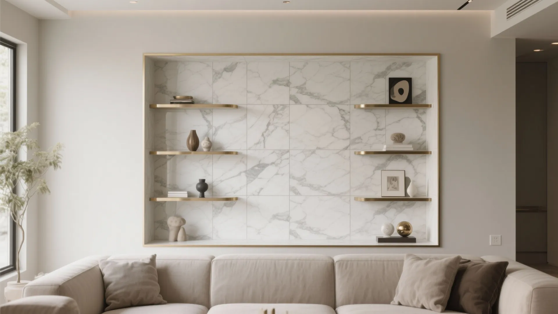 3) Marble-look tiles with warm metal trims