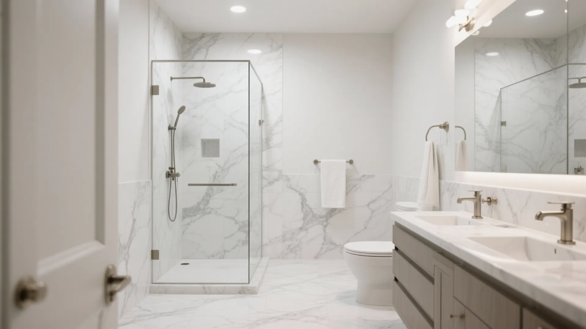 Luxe bathroom with marble-look white porcelain tiles and soft gray veining.