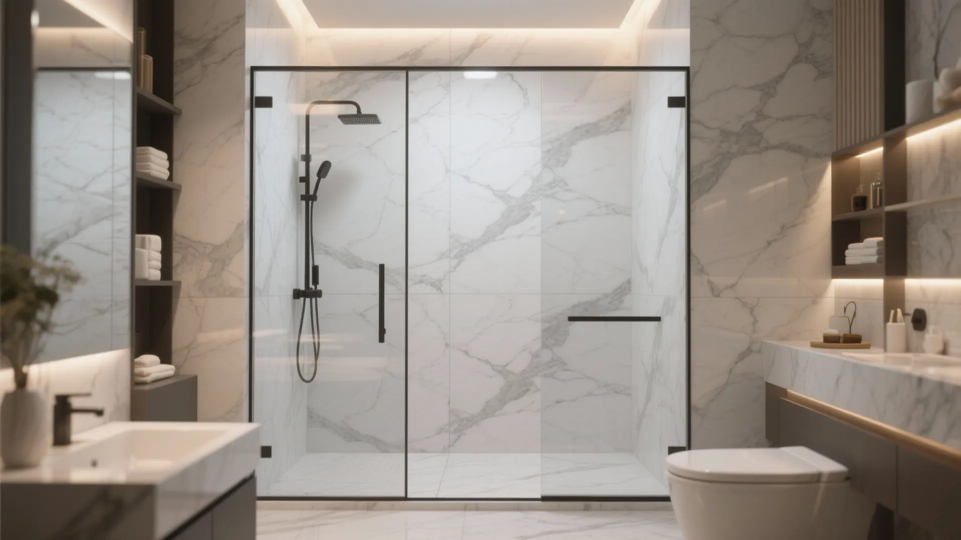 Luxury bathroom with marble wall tiles glass shower enclosure black shower head and a toilet