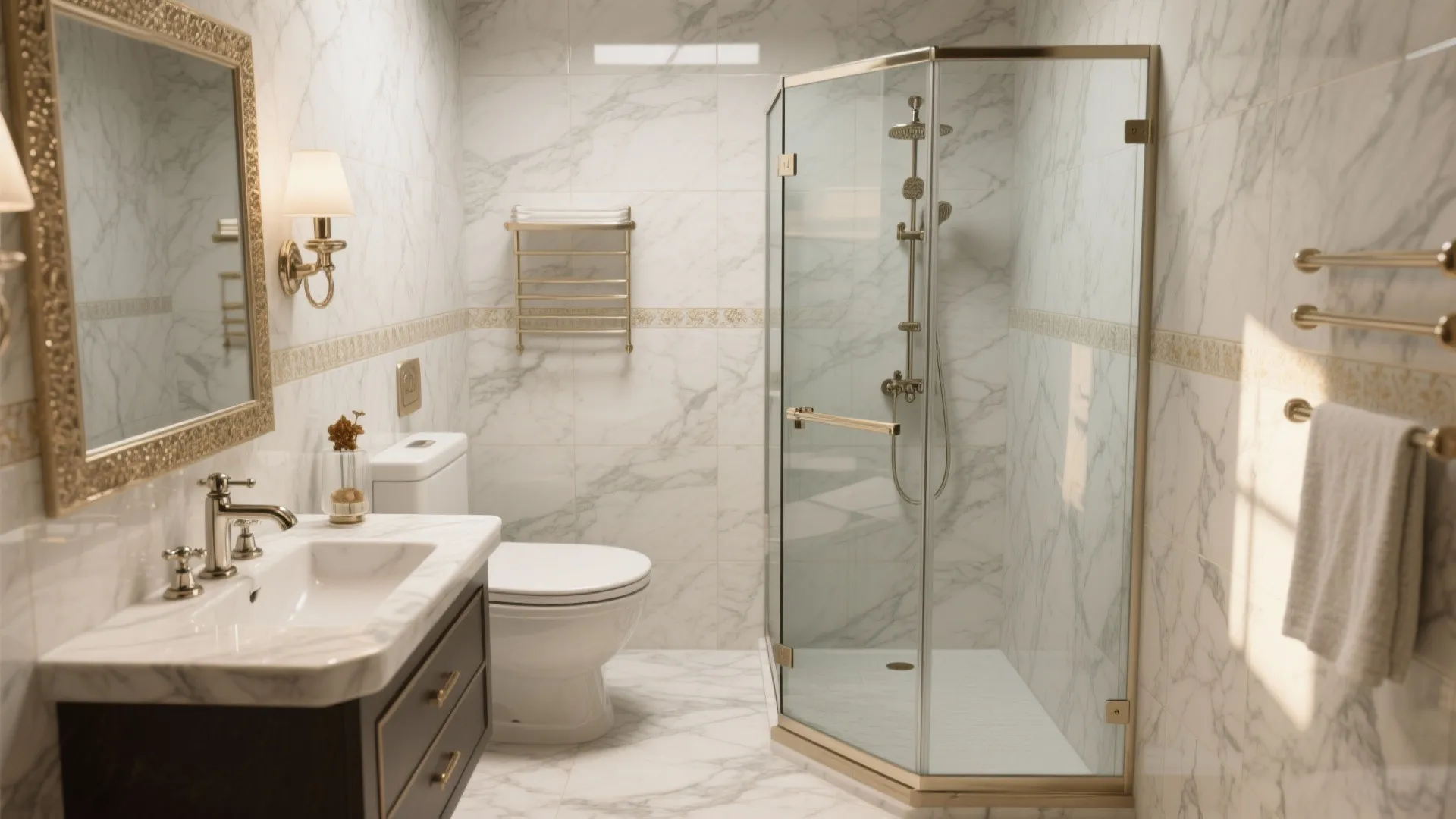 Elegant white marble bathroom with glass shower stall dark wood cabinet white sink and wall light
