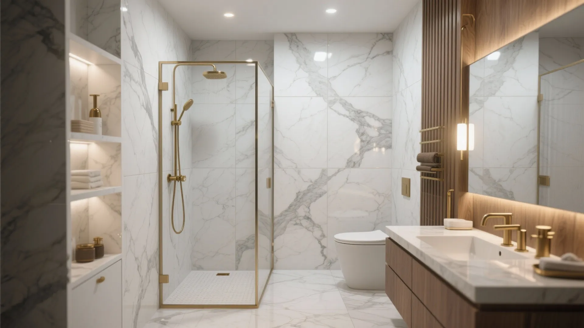 Compact luxury bath with glossy calacatta-look porcelain walls and honed floor, brass fixtures, and wood accents.