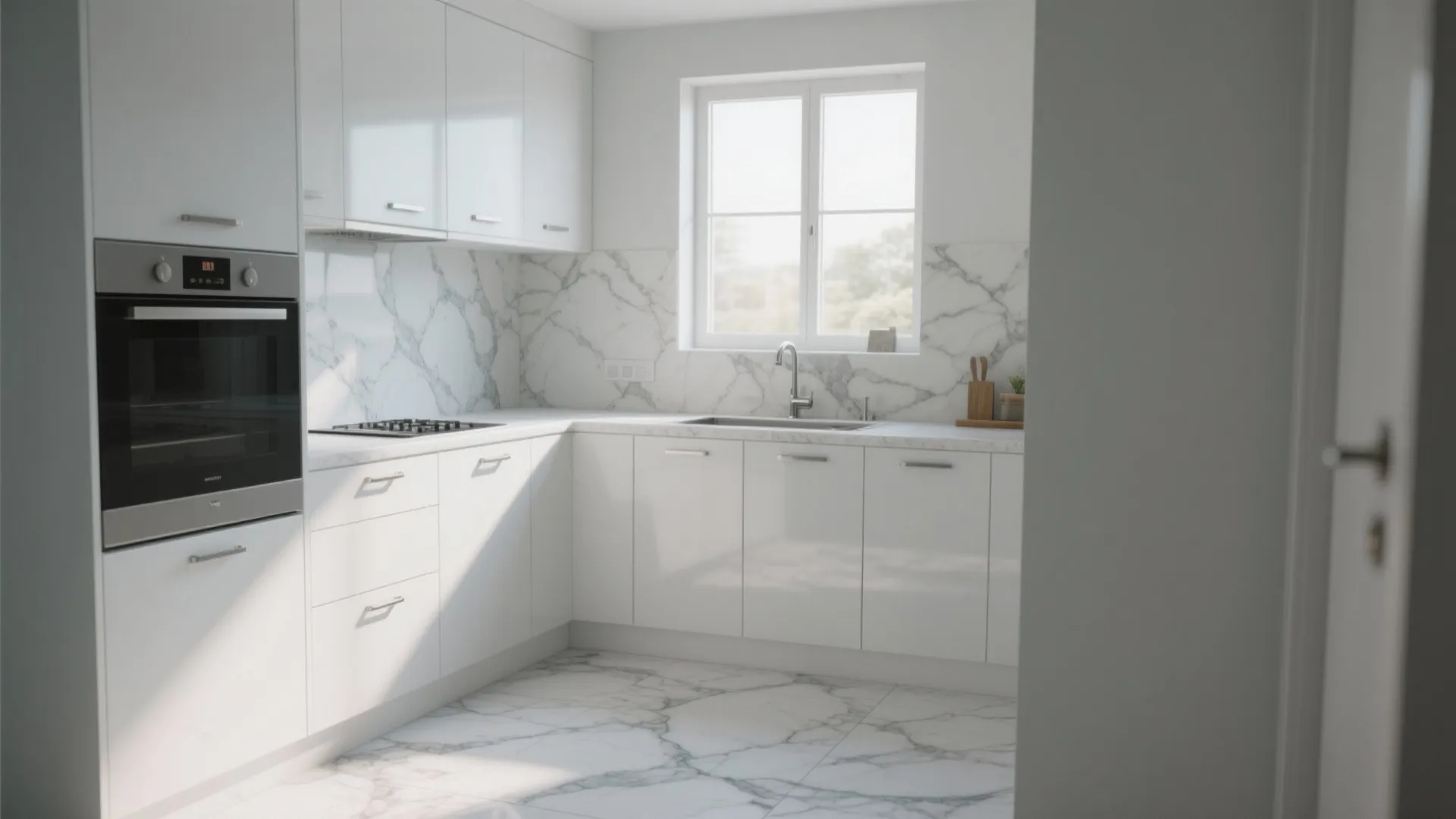 White kitchen with large-format marble-look porcelain tiles and subtle veining, bright and airy.