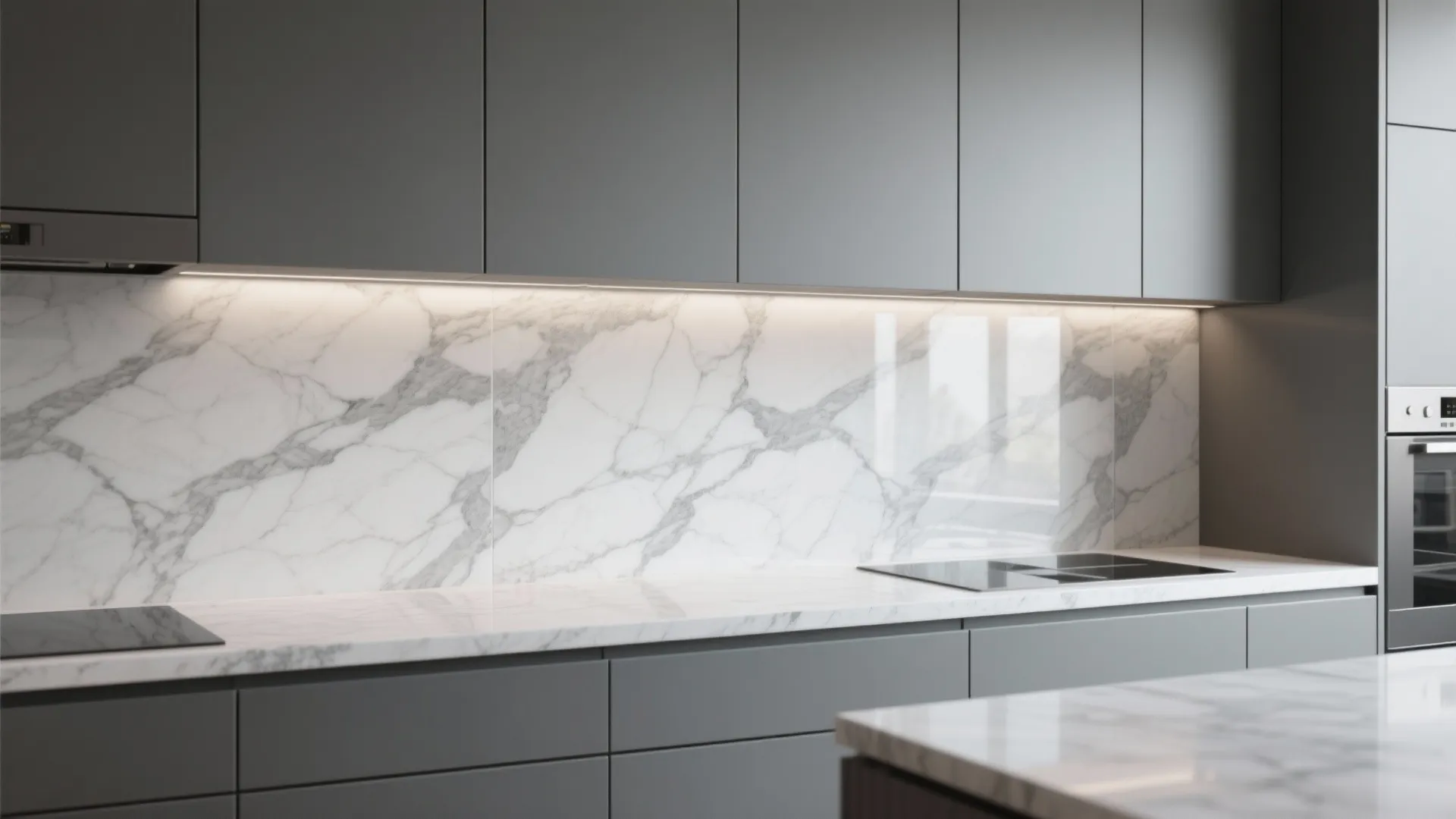 Grey kitchen cabinets with white marble wall panel behind electric cooktop and built in oven