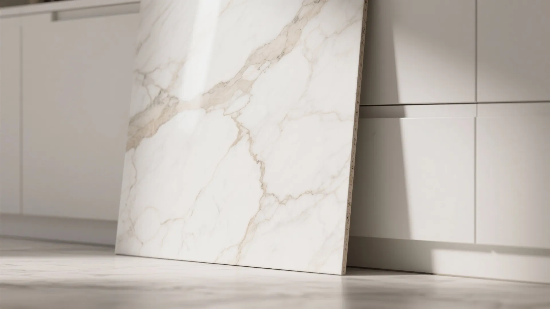 Large white marble look tile leaning against clean white kitchen cabinets in a bright room