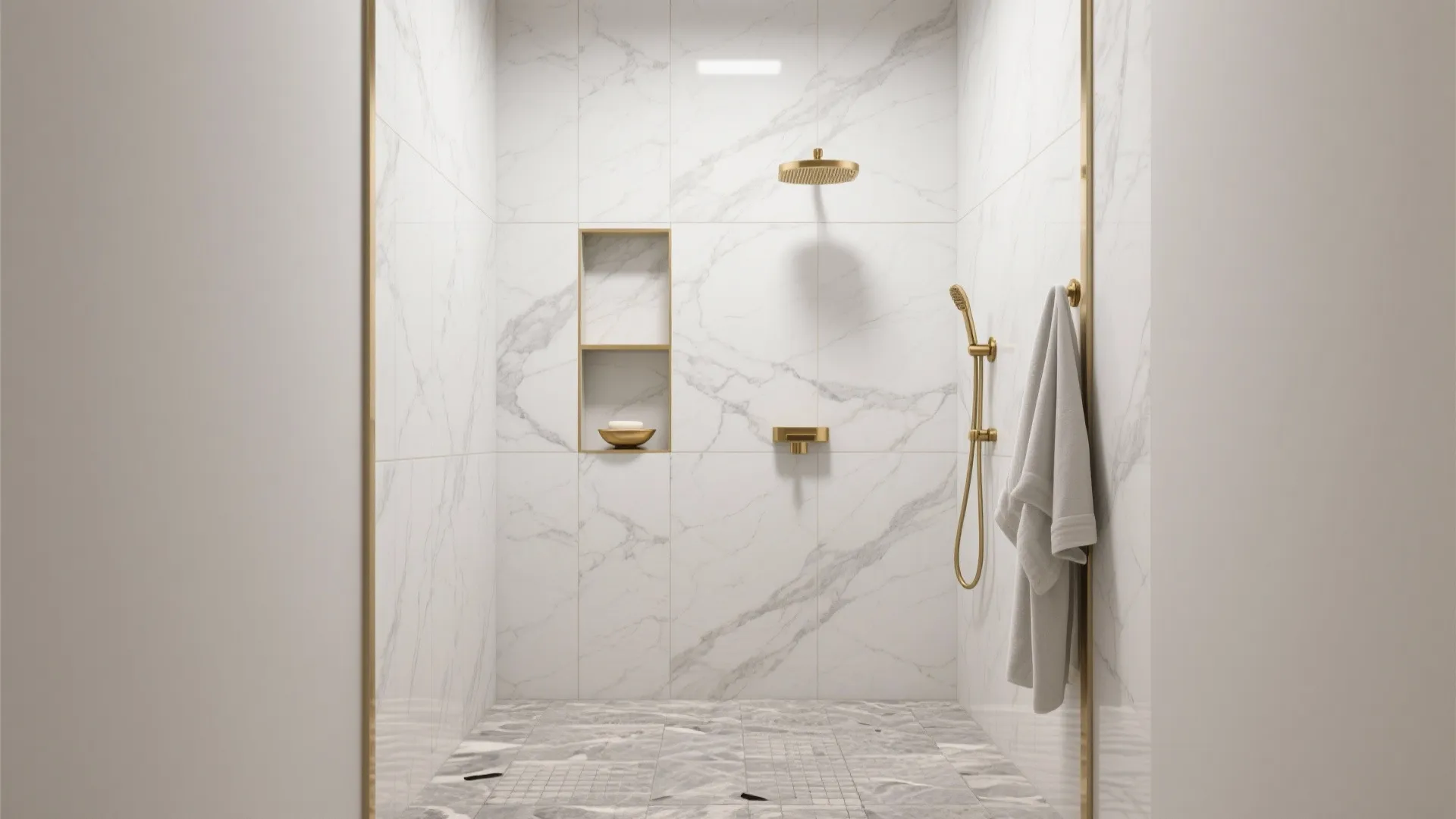Modern bathroom with white marble walls gold shower head and grey floor with white towel