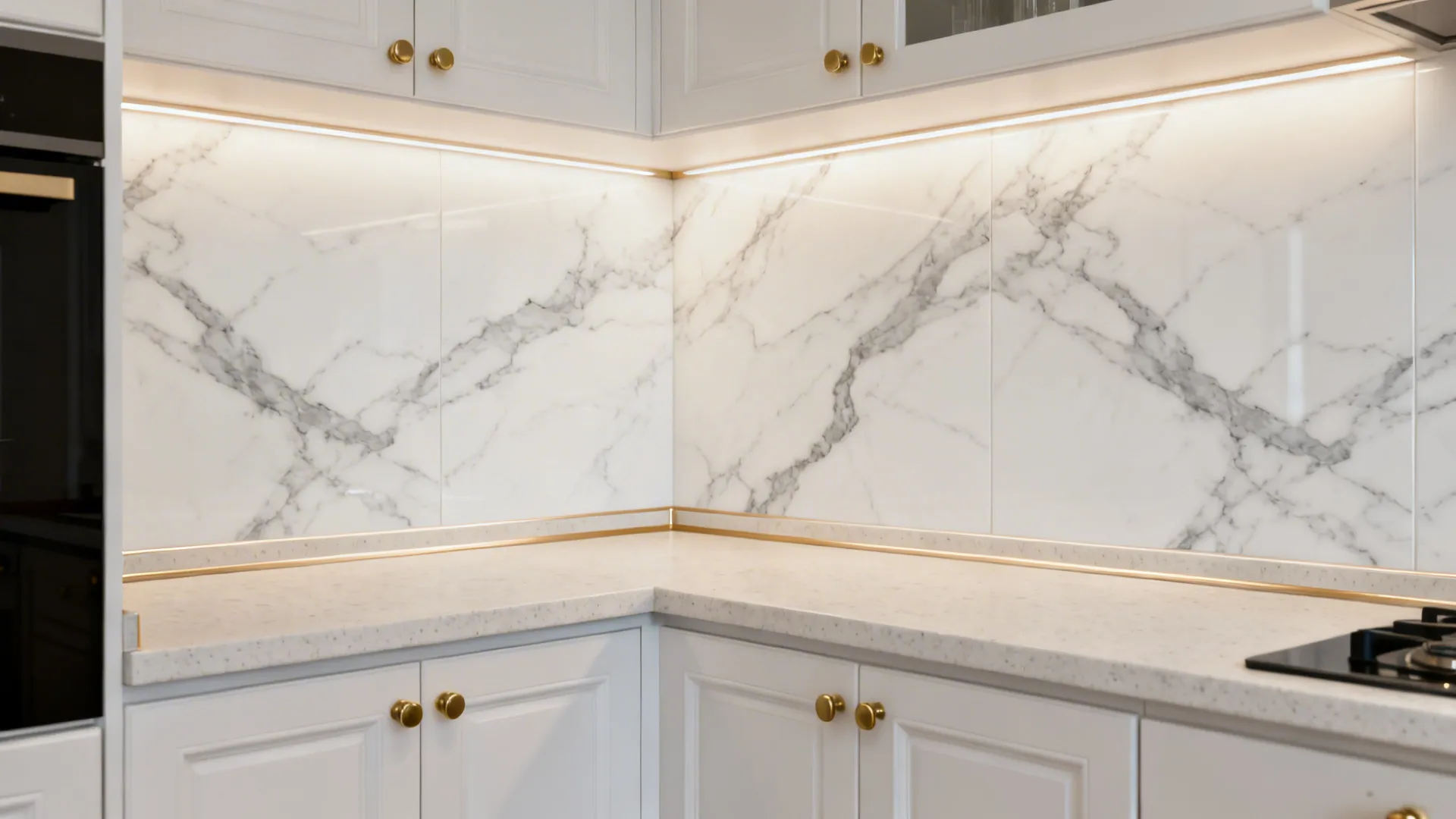 Small kitchen with marble-look porcelain backsplash and soft gray veining under warm light