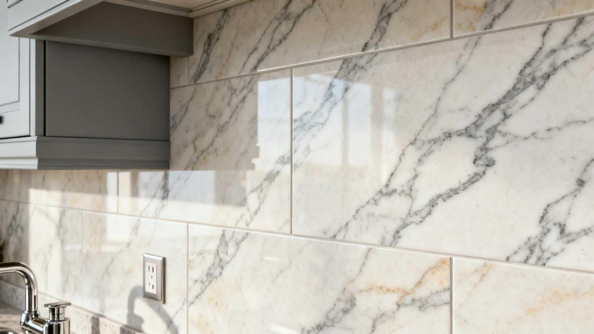 Close-up of large-format marble-look porcelain backsplash with subtle gray veining next to gray cabinetry.