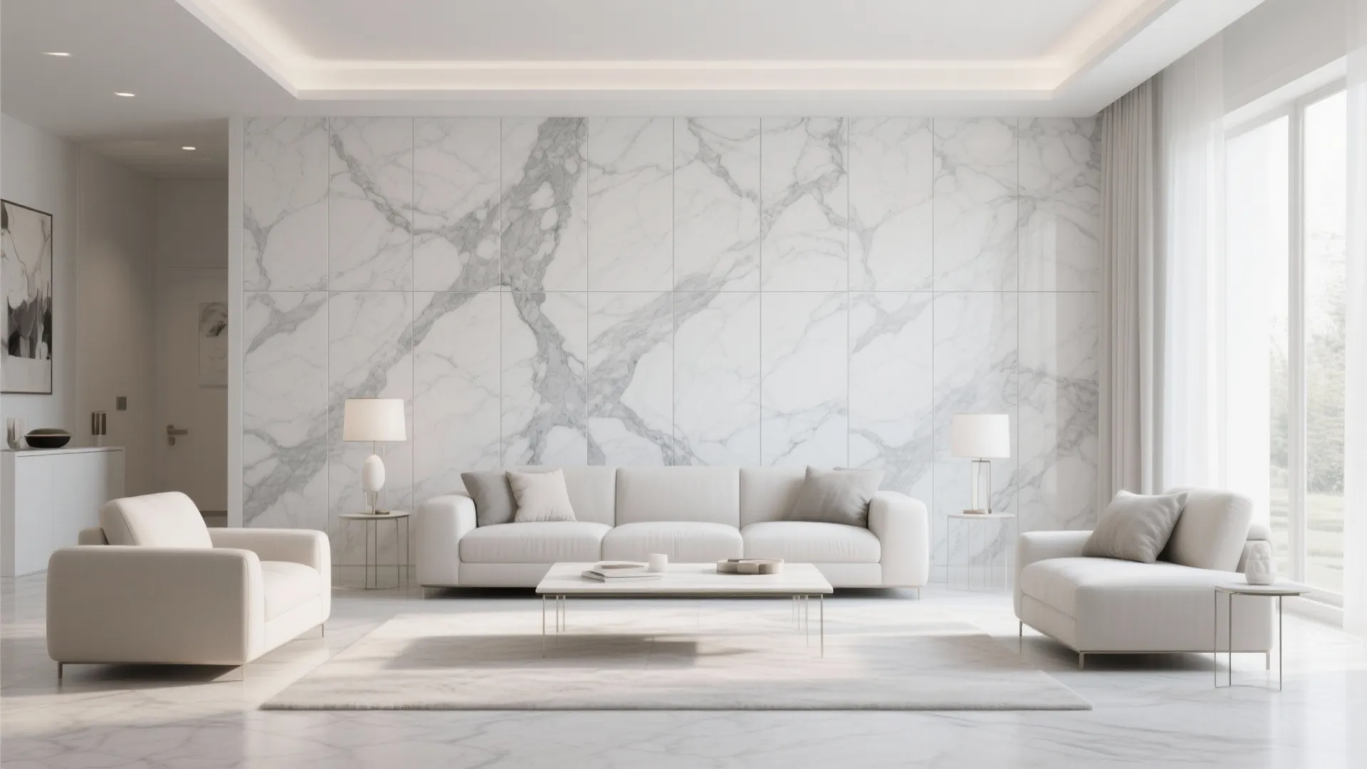 Modern living room featuring white marble wall panel, cream sofa, armchairs, rug, and bright light