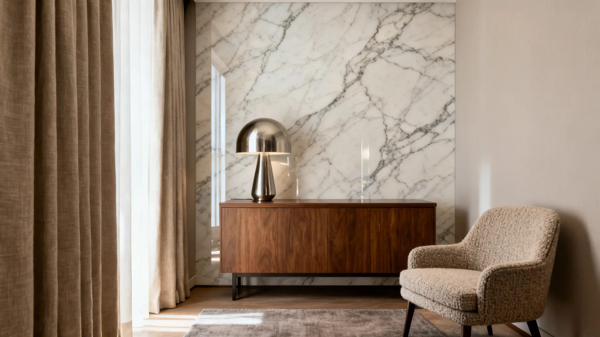 Calacatta-style marble-look PVC accent wall with matte furnishings in a compact living room.