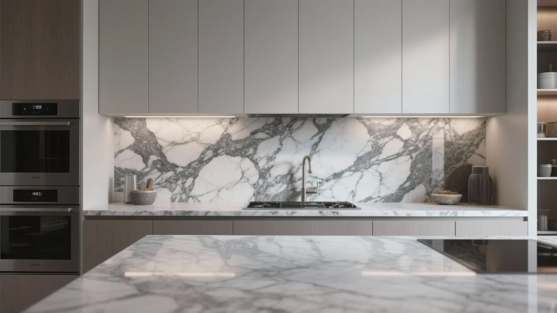 Modern kitchen with white marble wall panel, grey cabinets, sink, and natural light from window