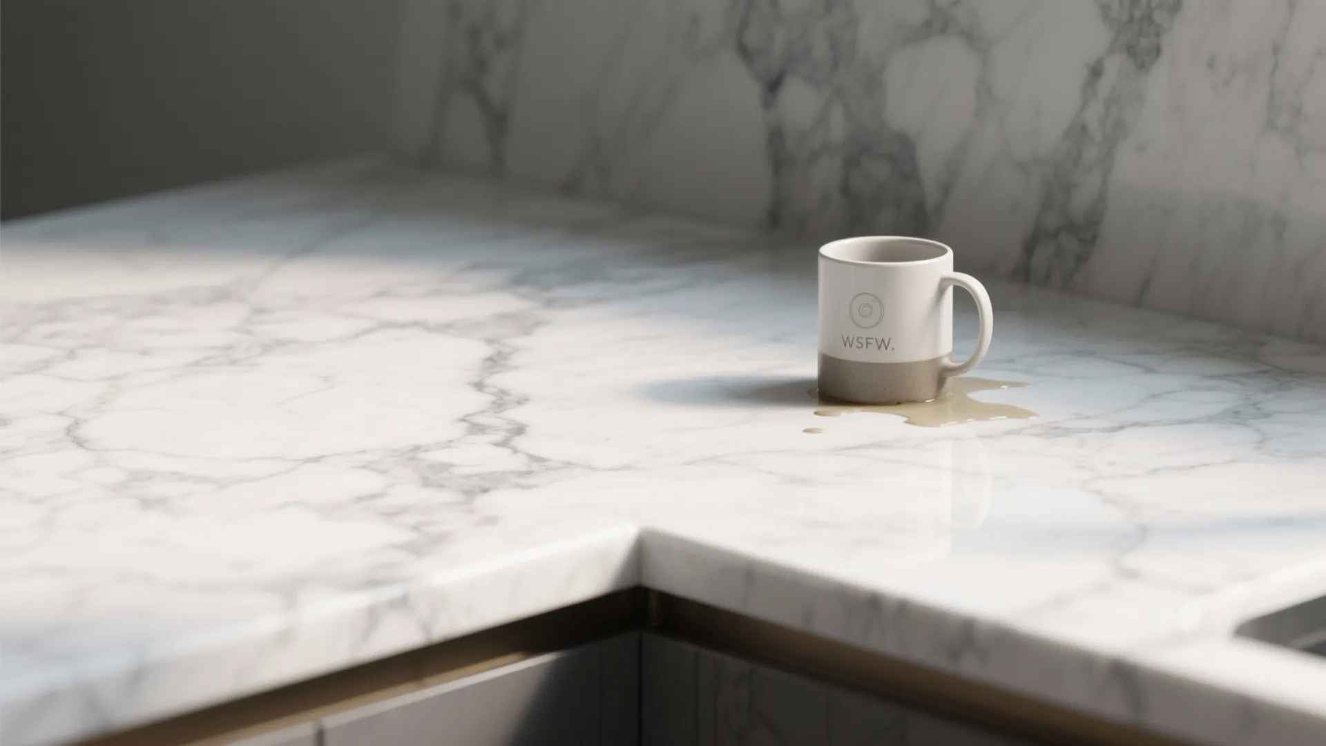 White marble kitchen countertop featuring a ceramic coffee mug and a small brown liquid spill