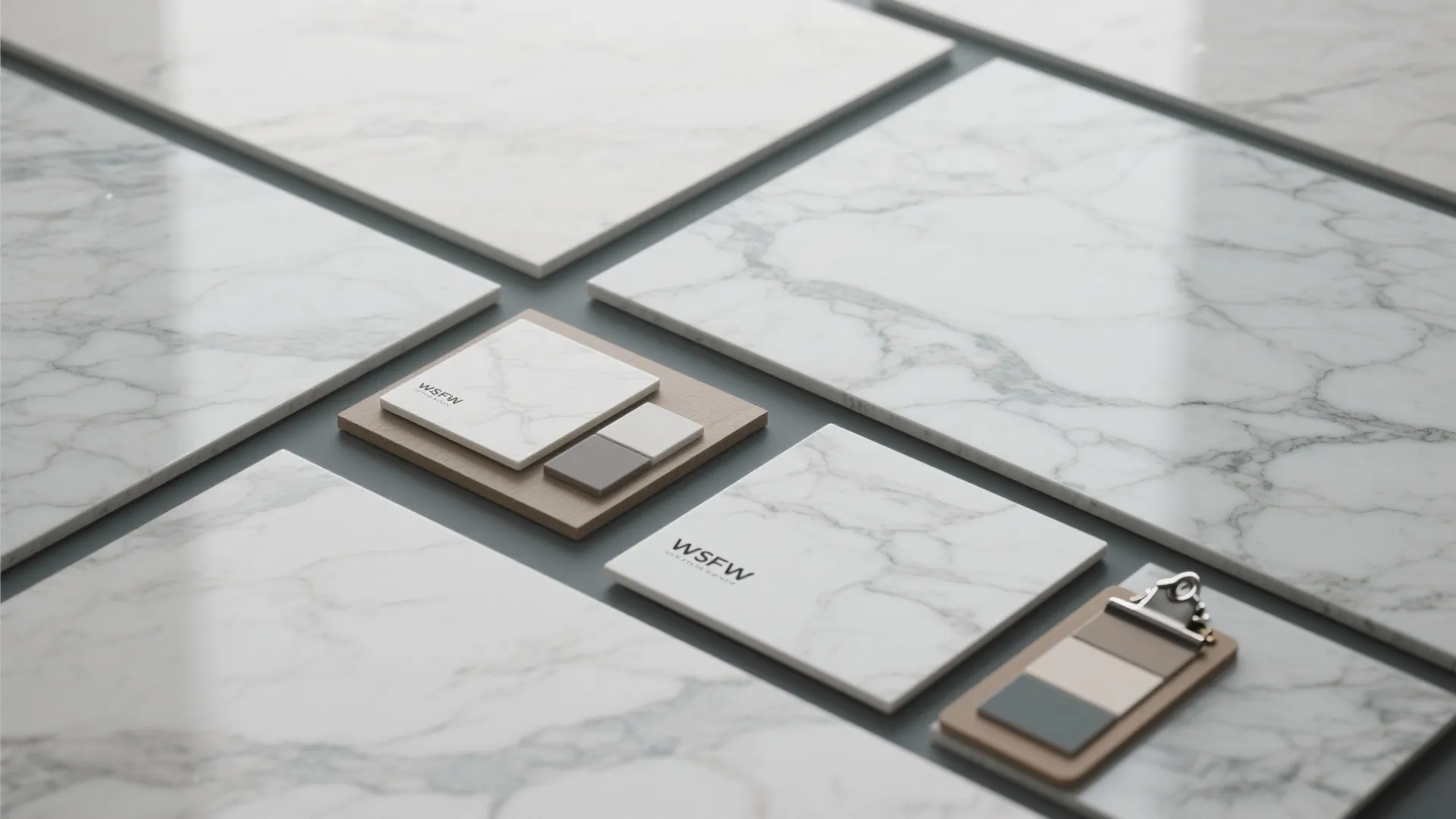 Various white marble floor tile samples and color swatches for home interior design material selection