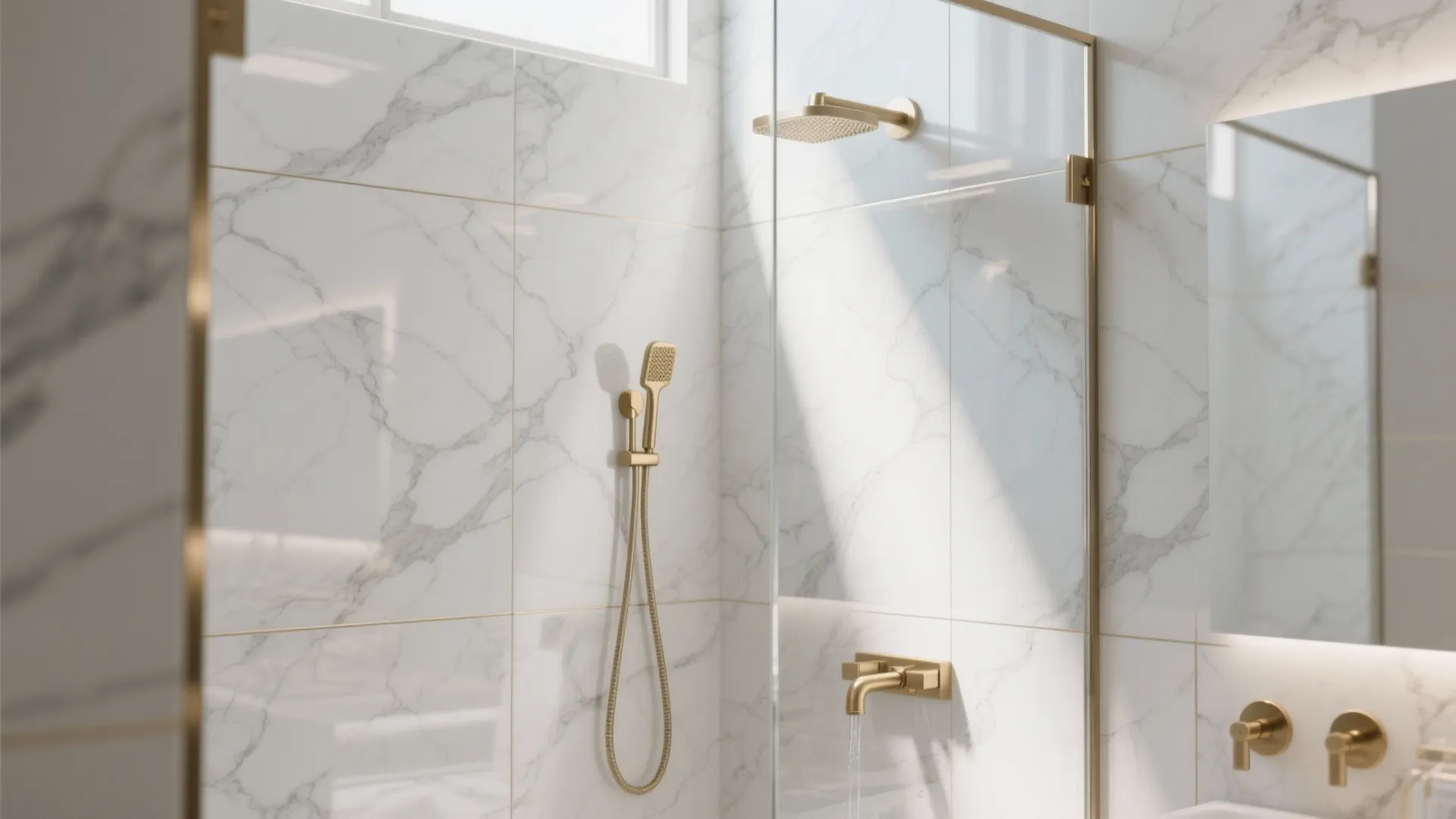 Modern bathroom shower with white marble wall tiles gold shower head and glass door panel