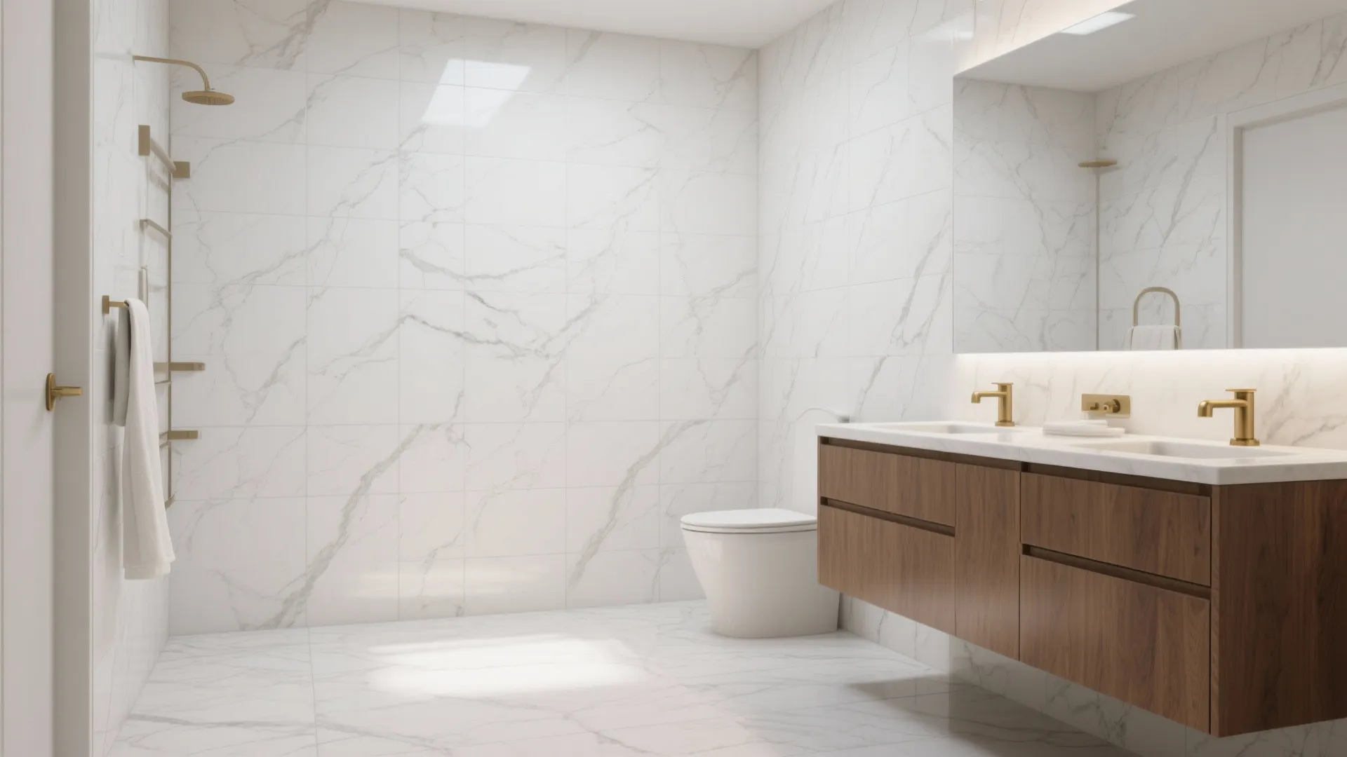 Modern bathroom with white marble wall tiles wood cabinet gold taps toilet and glass shower door