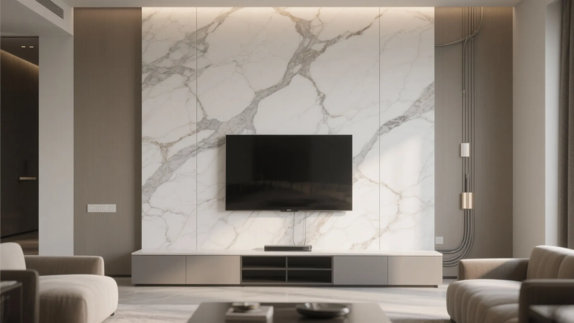Marble-Look Large-Format Tiles Behind TV