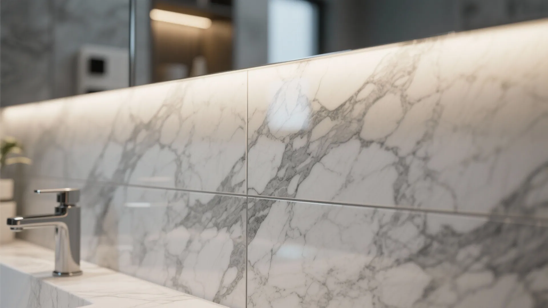 Close up of white marble wall tiles with grey veins and a silver water faucet