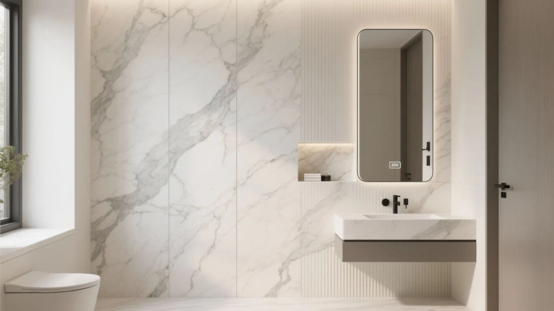 Modern bathroom with marble walls featuring white toilet sink cabinet mirror and soft warm lighting