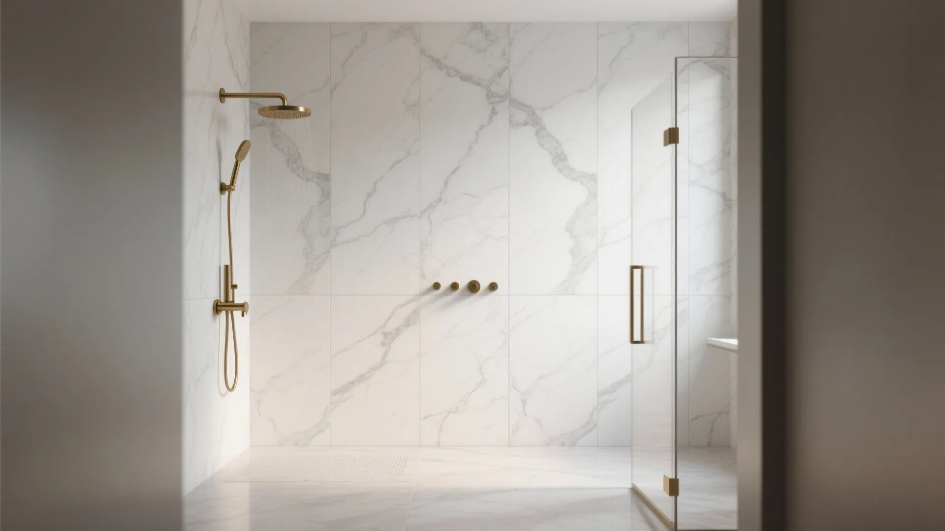 Luxury walk in shower with white marble wall tiles gold shower head and glass door
