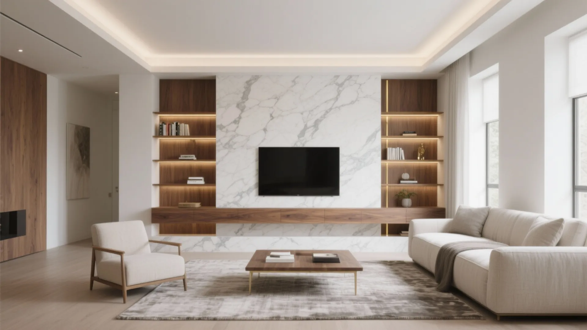 Modern living room featuring marble wall panel white sofa wooden coffee table and built-in wall cabinet