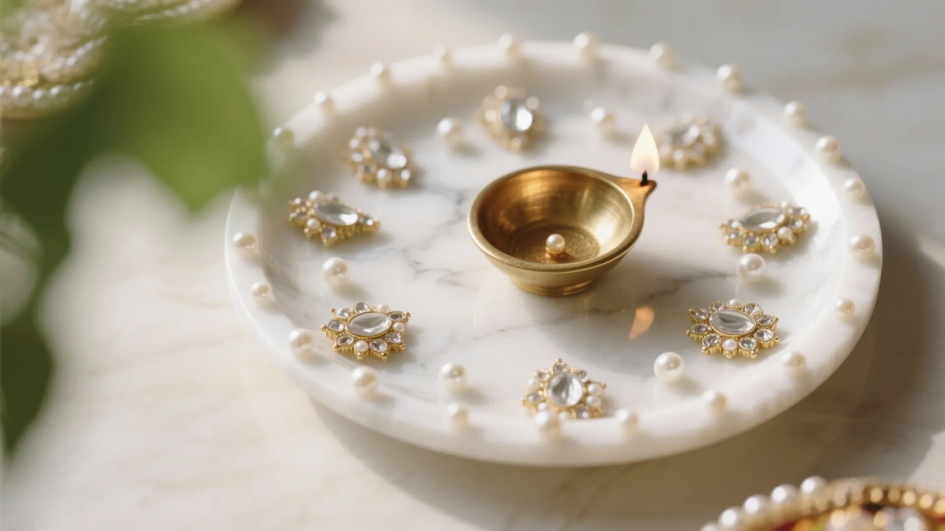 Minimal Marble Base with White Kundan and Pearl Clusters