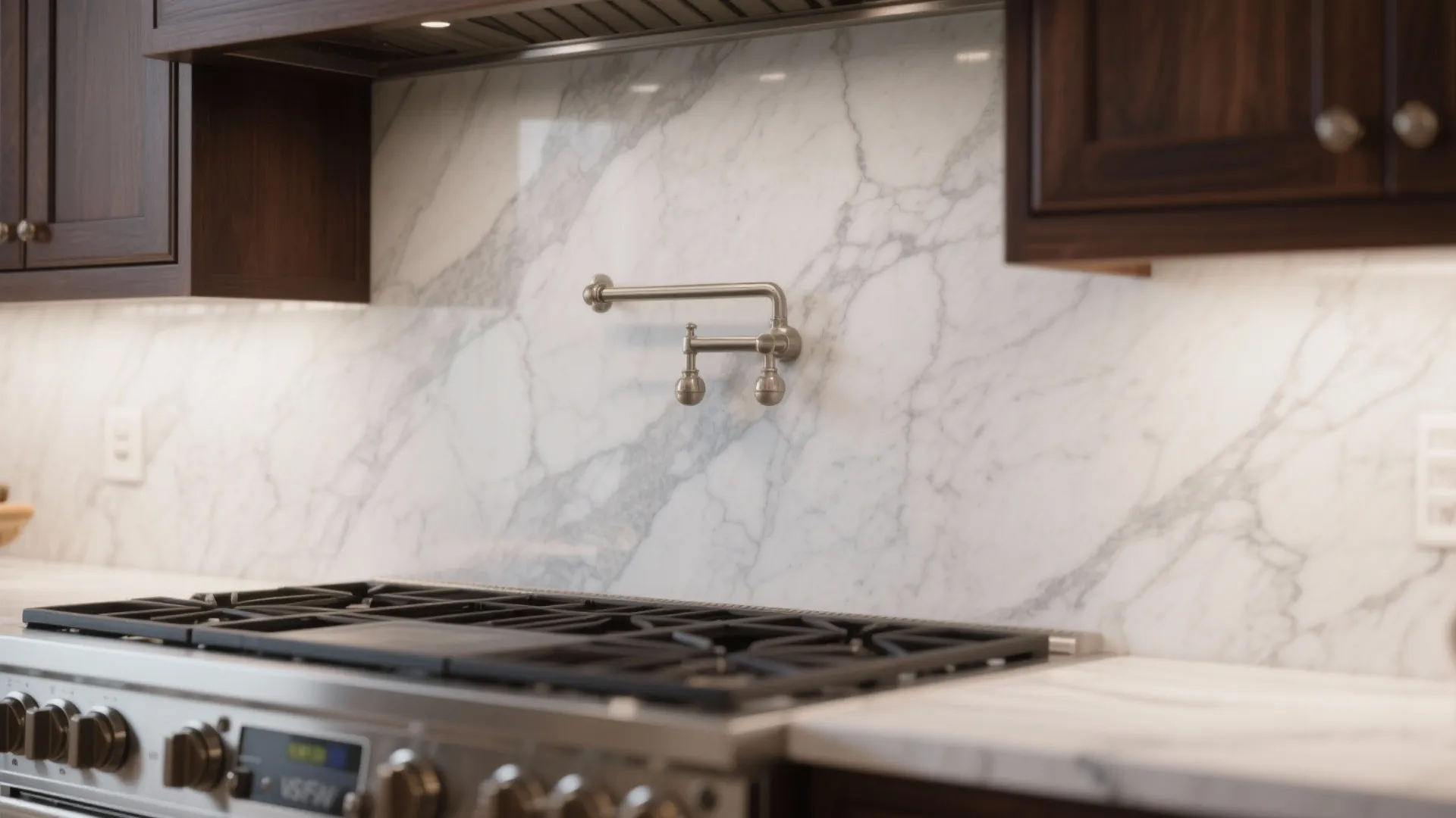 Close up of marble wall with metal pot filler faucet above a black kitchen stove