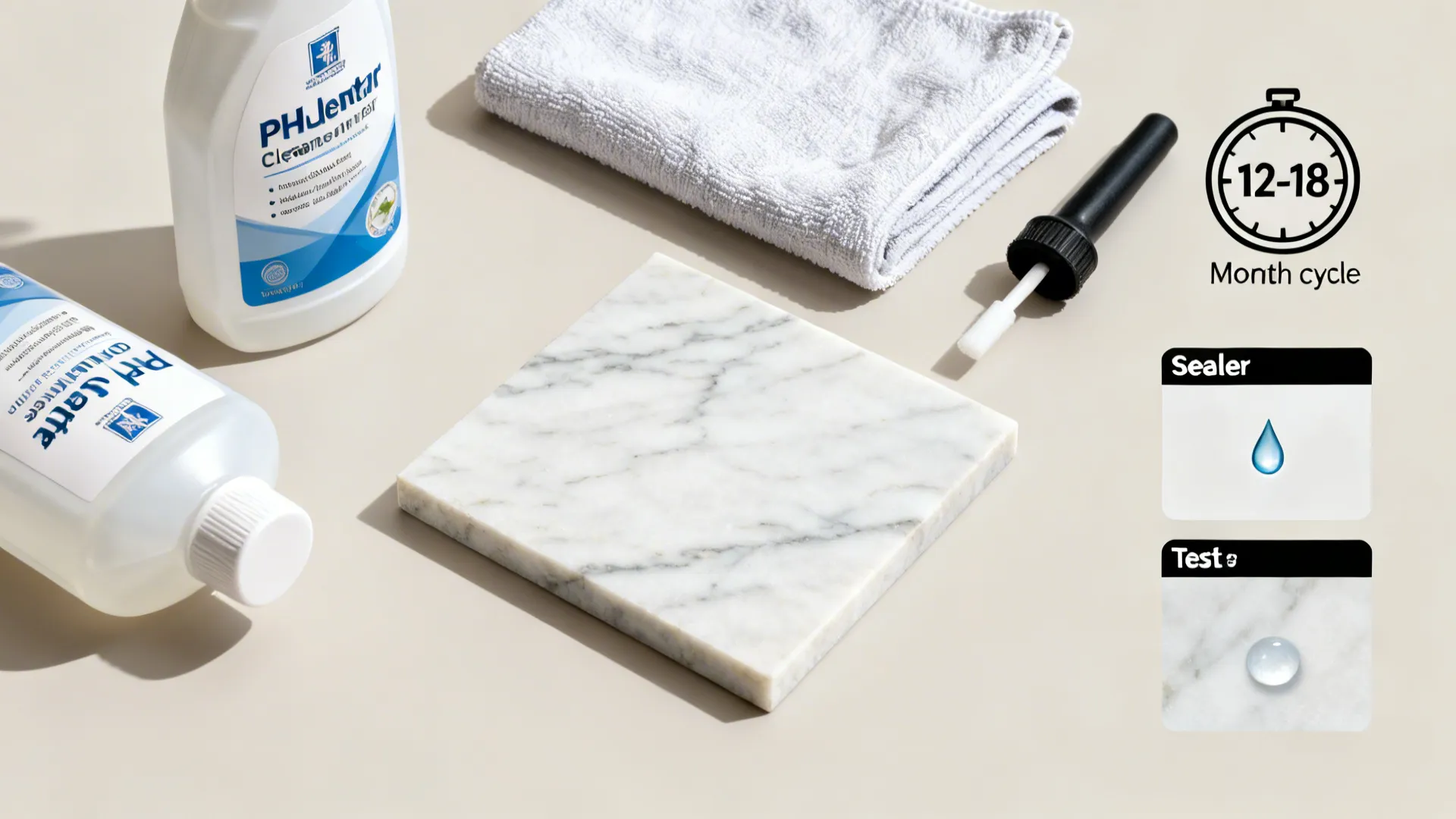 Top-down layout of marble care tools showing cleaner, sealer, cloth, and a water drop test area.