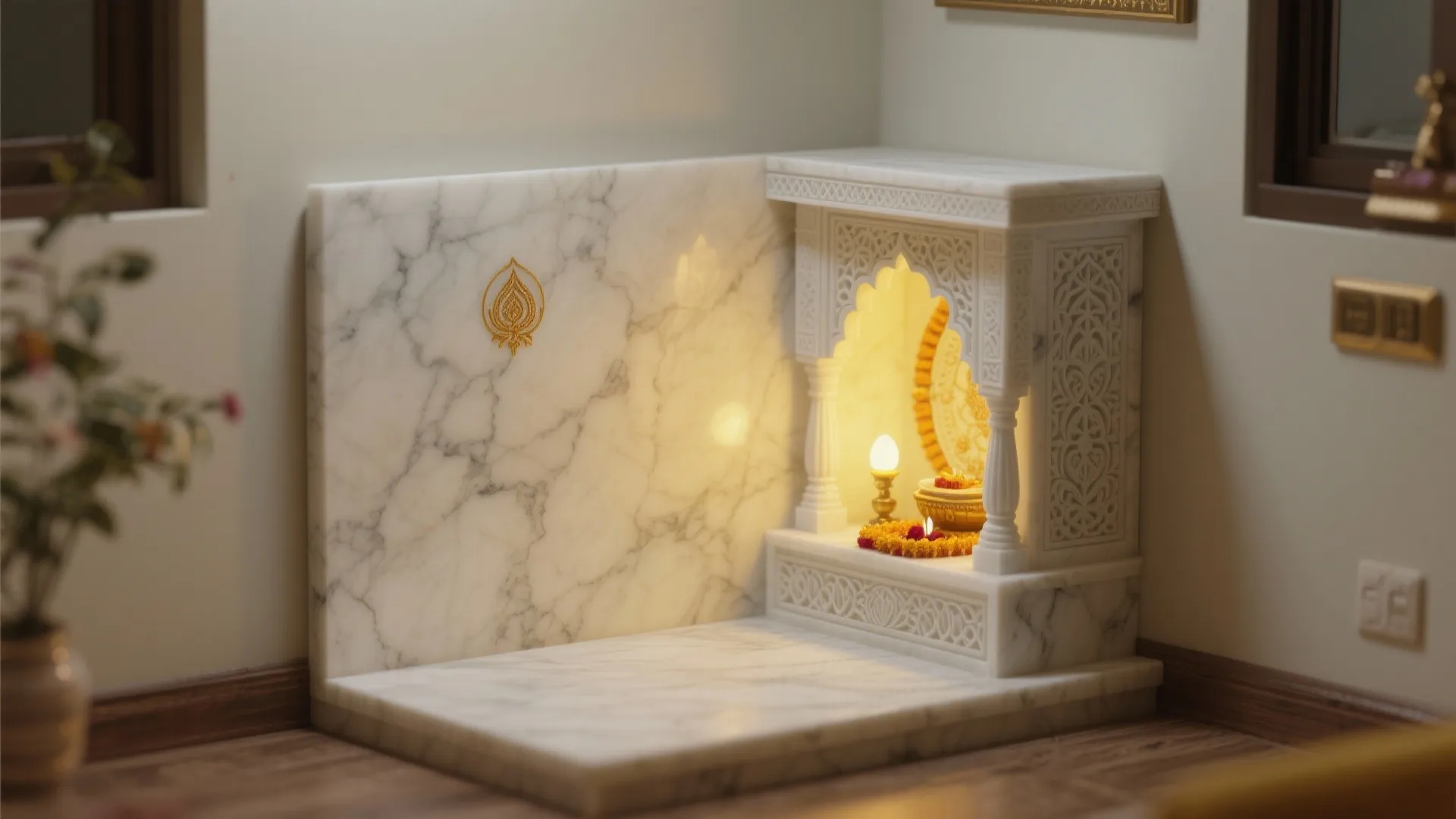 Modern white marble prayer corner with carved stone wall panel warm lighting and wooden floor