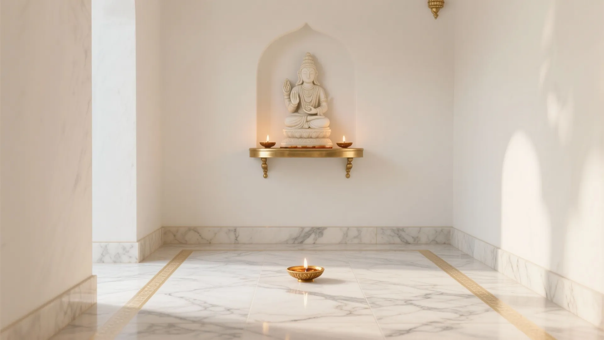 Minimalist white marble prayer room with a wall statue gold shelf and small candle lights