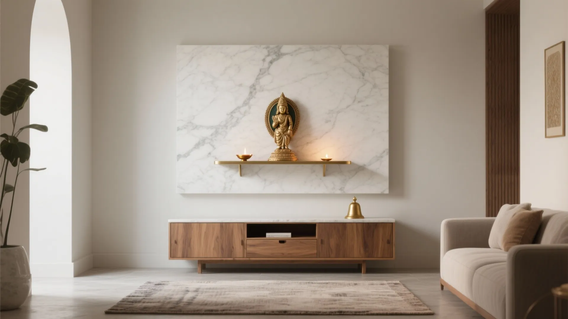 Modern living room featuring marble wall panel with golden statue above a wooden storage cabinet