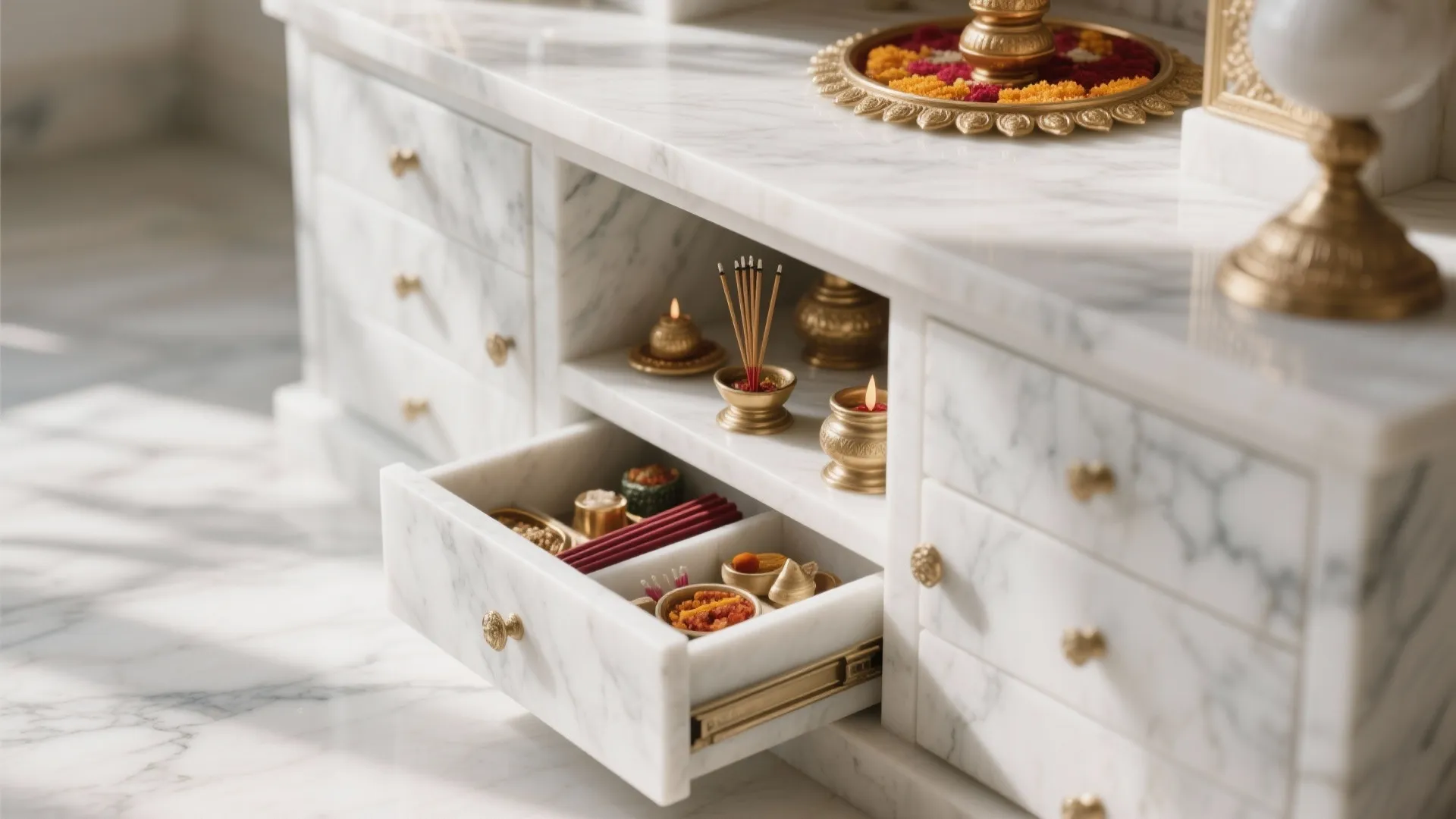 Minimalist Marble Mandir with Concealed Storage