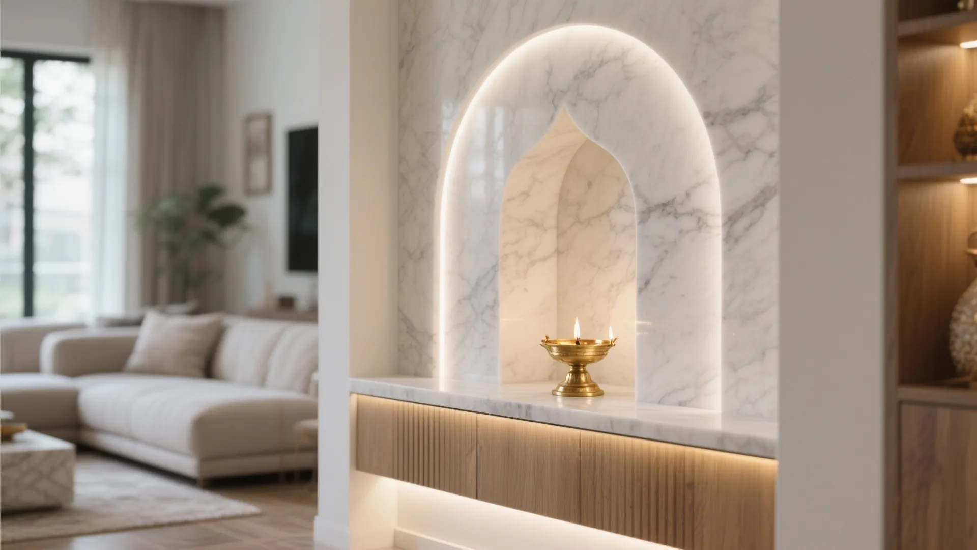Modern living room featuring a marble wall niche with light fixture and gold oil lamp