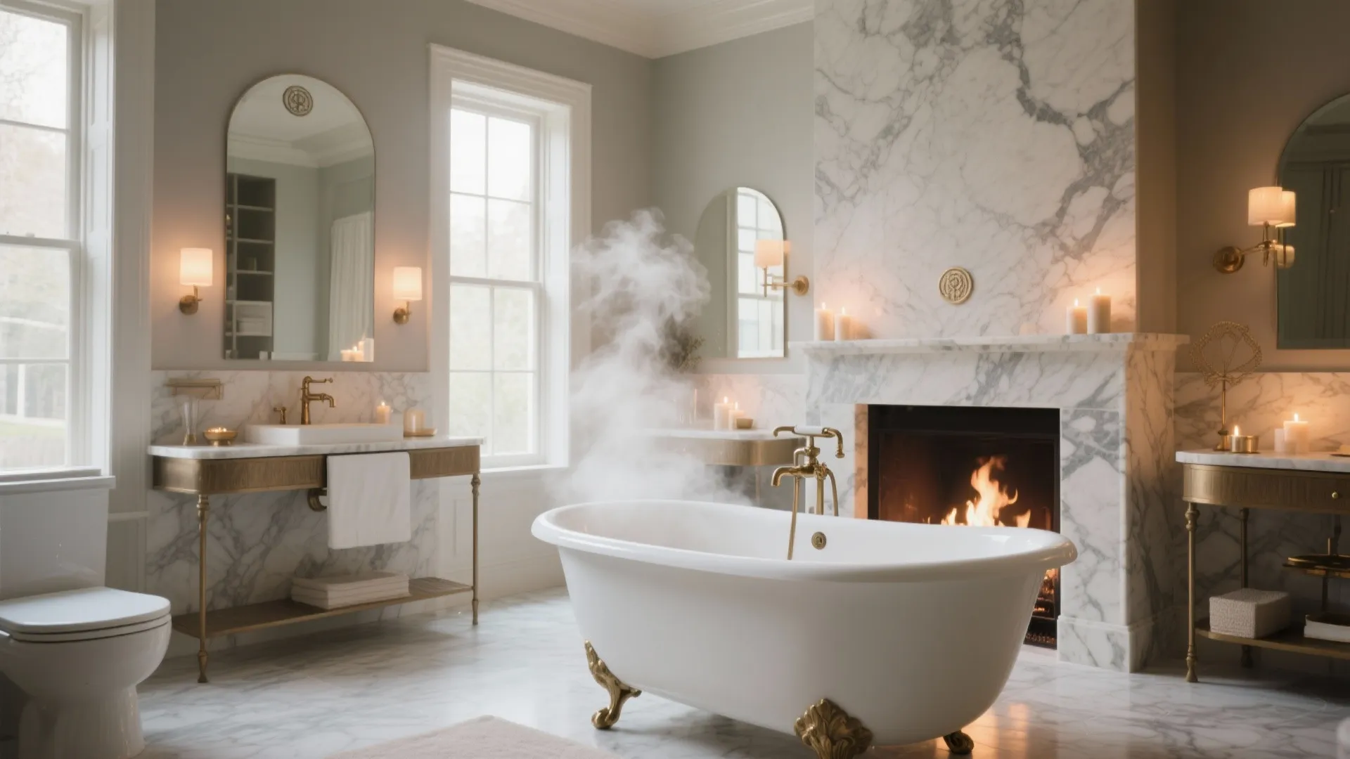 Classic luxury bathroom with white marble wall panel bathtub and a fireplace with gold accents