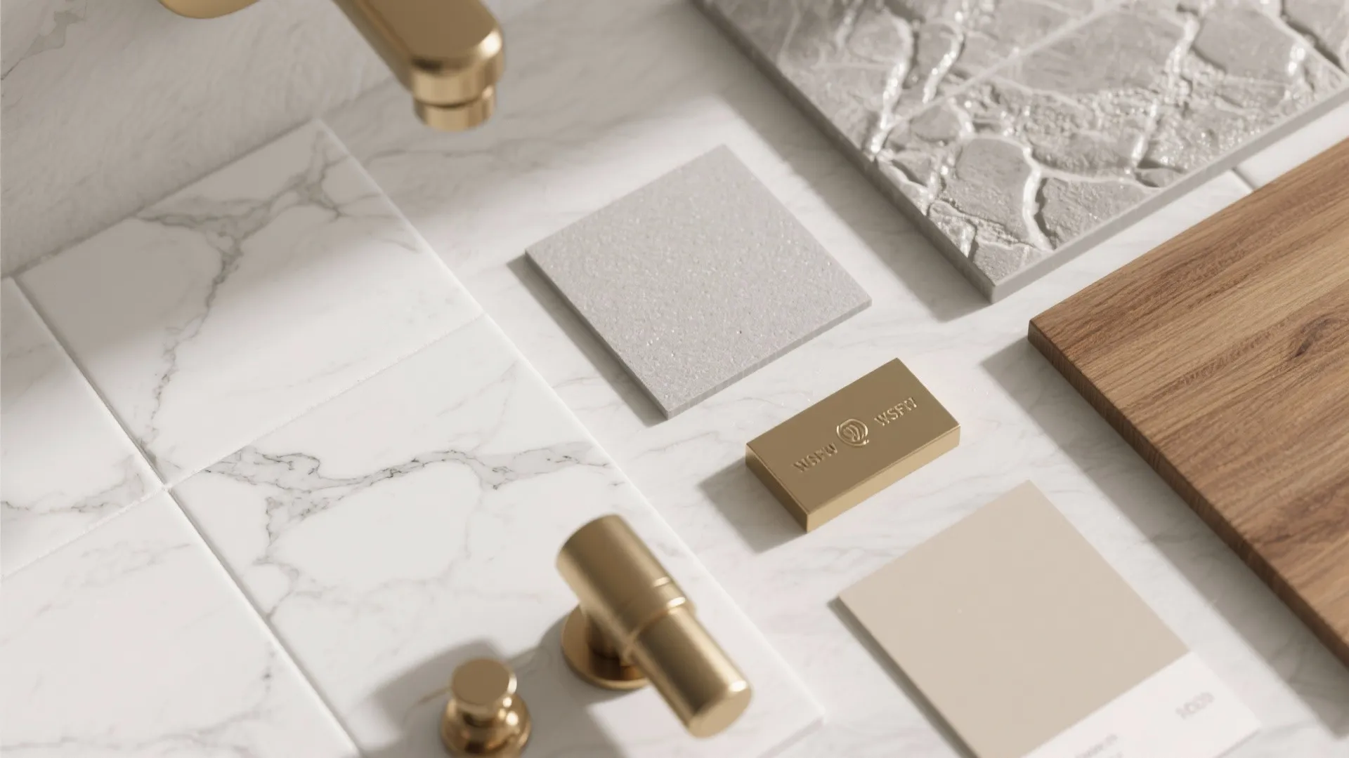 Top-down flatlay of glossy marble-look porcelain, honed floor tile, brass, gray grout, wood veneer, and neutral paint.