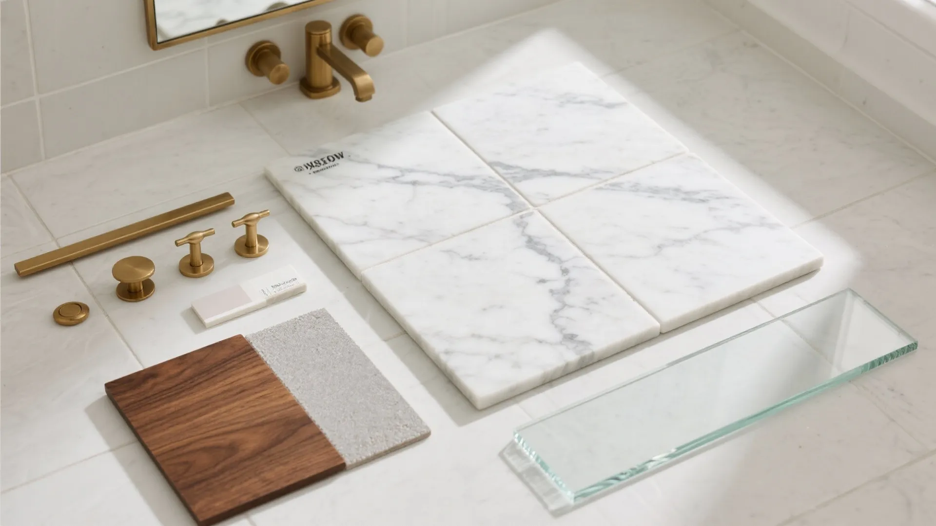 Flat lay of marble tiles, brass hardware, wood veneer, and light gray grout.